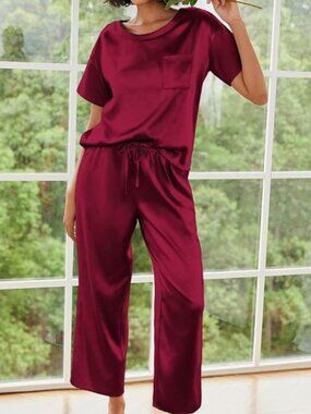 Ekouaer Womens Satin Silky Pajama Set Short Sleeve Shirt with Long Pajama Pant